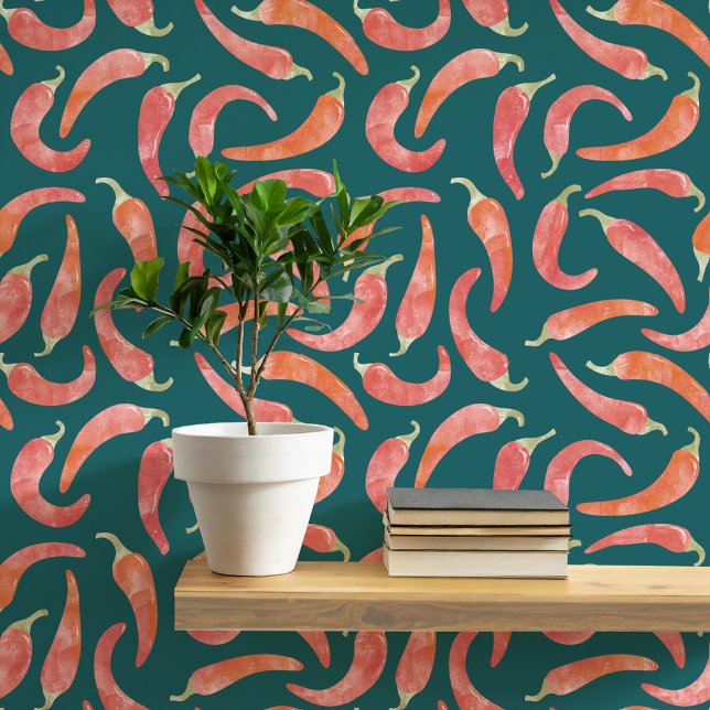 Watercolor Chilli Pepper Red Dark Wallpaper (Hot and spicy watercolor red chili peppers on a dark teal green background. Peel and stick wallpaper)