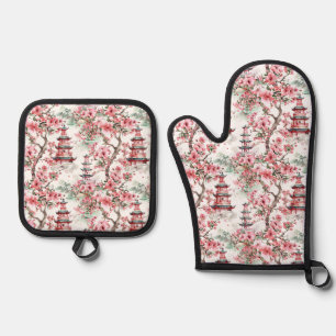 Watercolor Chinese Pagoda - Cherry Blossoms (10) Oven Mitt & Pot Holder Set
