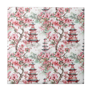 Watercolor Chinese Pagoda - Cherry Blossoms (10) Tile
