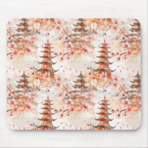 Watercolor Chinese Pagoda with Cherry Blossoms (1) Mouse Mat
