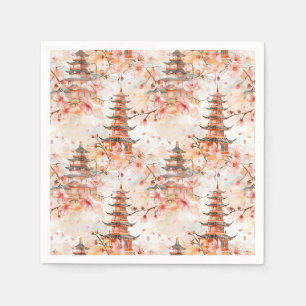 Watercolor Chinese Pagoda with Cherry Blossoms (1) Napkin