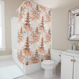 Watercolor Chinese Pagoda with Cherry Blossoms (1) Shower Curtain