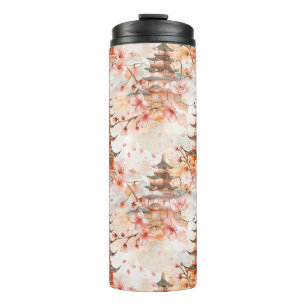Watercolor Chinese Pagoda with Cherry Blossoms (1) Thermal Tumbler