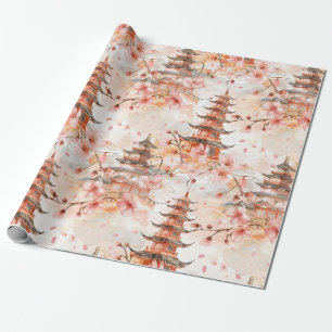 Watercolor Chinese Pagoda with Cherry Blossoms (1) Wrapping Paper
