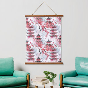 Watercolor Chinese Pagoda with Cherry Blossoms (2) Hanging Tapestry