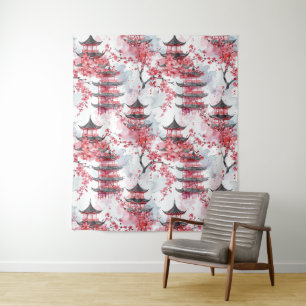Watercolor Chinese Pagoda with Cherry Blossoms (2) Tapestry