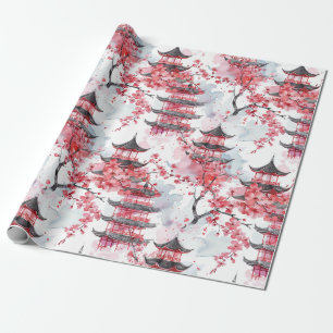 Watercolor Chinese Pagoda with Cherry Blossoms (2) Wrapping Paper