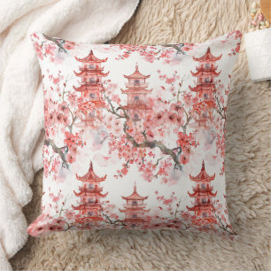 Watercolor Chinese Pagoda with Cherry Blossoms (3) Cushion