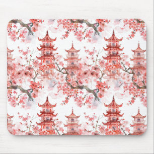 Watercolor Chinese Pagoda with Cherry Blossoms (3) Mouse Mat