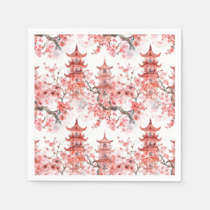 Watercolor Chinese Pagoda with Cherry Blossoms (3) Napkin