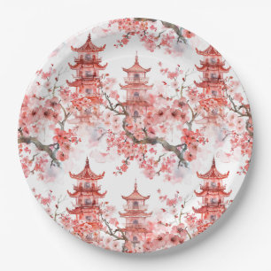 Watercolor Chinese Pagoda with Cherry Blossoms (3) Paper Plate