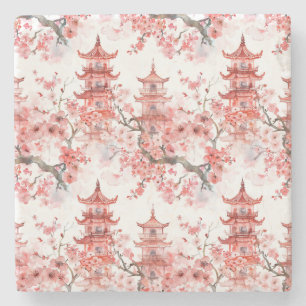 Watercolor Chinese Pagoda with Cherry Blossoms (3) Stone Coaster