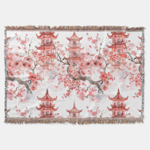 Watercolor Chinese Pagoda with Cherry Blossoms (3) Throw Blanket