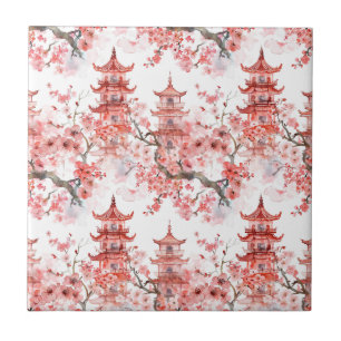 Watercolor Chinese Pagoda with Cherry Blossoms (3) Tile