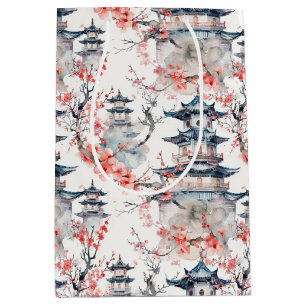 Watercolor Chinese Pagoda with Cherry Blossoms (4) Medium Gift Bag