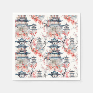 Watercolor Chinese Pagoda with Cherry Blossoms (4) Napkin
