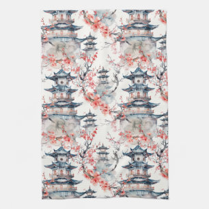 Watercolor Chinese Pagoda with Cherry Blossoms (4) Tea Towel