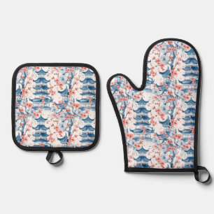 Watercolor Chinese Pagoda with Cherry Blossoms (5) Oven Mitt & Pot Holder Set