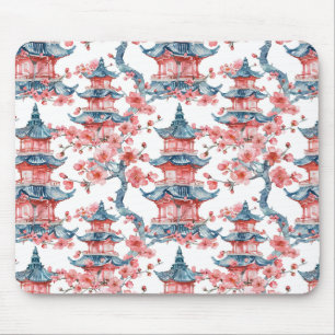 Watercolor Chinese Pagoda with Cherry Blossoms (6) Mouse Mat