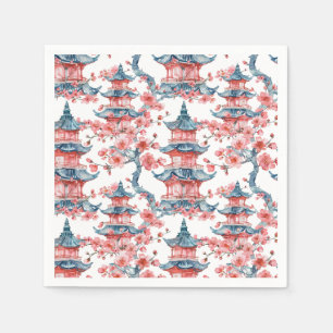 Watercolor Chinese Pagoda with Cherry Blossoms (6) Napkin