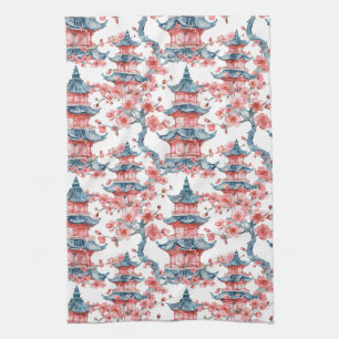 Watercolor Chinese Pagoda with Cherry Blossoms (6) Tea Towel