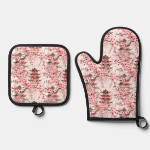 Watercolor Chinese Pagoda with Cherry Blossoms (7) Oven Mitt & Pot Holder Set