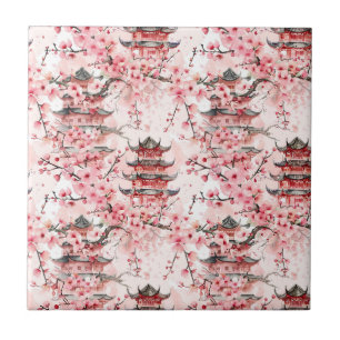 Watercolor Chinese Pagoda with Cherry Blossoms (7) Tile