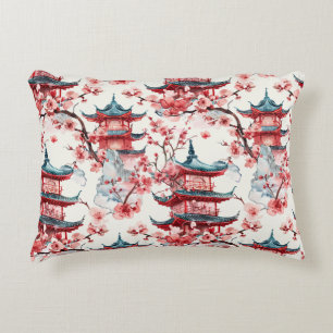 Watercolor Chinese Pagoda with Cherry Blossoms (8) Decorative Cushion