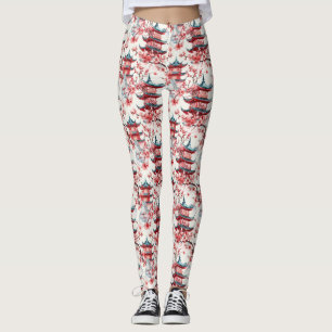 Watercolor Chinese Pagoda with Cherry Blossoms (8) Leggings