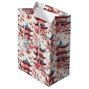 Watercolor Chinese Pagoda with Cherry Blossoms (8) Medium Gift Bag