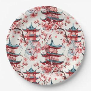 Watercolor Chinese Pagoda with Cherry Blossoms (8) Paper Plate
