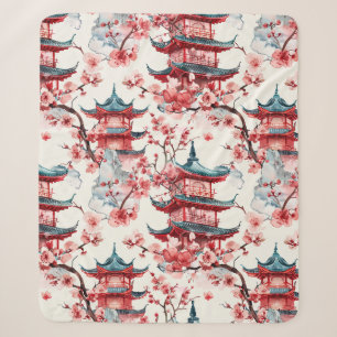 Watercolor Chinese Pagoda with Cherry Blossoms (8) Sherpa Blanket