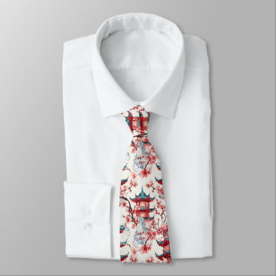 Watercolor Chinese Pagoda with Cherry Blossoms (8) Tie