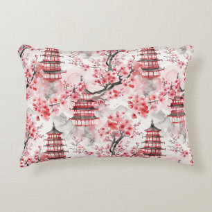 Watercolor Chinese Pagoda with Cherry Blossoms (9) Decorative Cushion