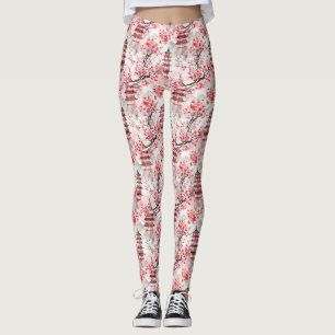 Watercolor Chinese Pagoda with Cherry Blossoms (9) Leggings