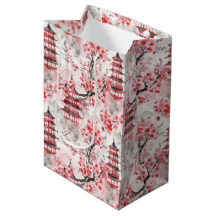 Watercolor Chinese Pagoda with Cherry Blossoms (9) Medium Gift Bag