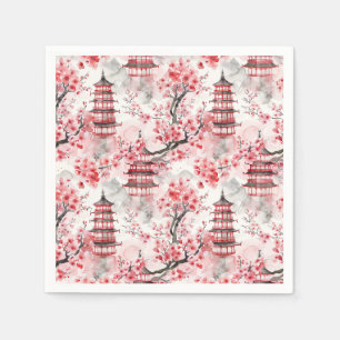 Watercolor Chinese Pagoda with Cherry Blossoms (9) Napkin