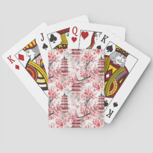 Watercolor Chinese Pagoda with Cherry Blossoms (9) Playing Cards