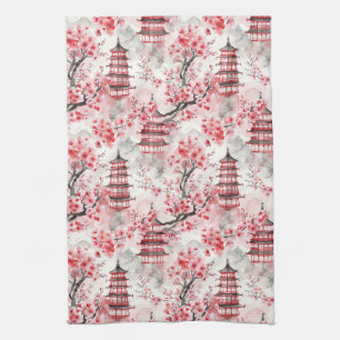 Watercolor Chinese Pagoda with Cherry Blossoms (9) Tea Towel