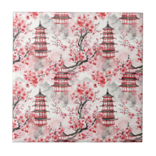 Watercolor Chinese Pagoda with Cherry Blossoms (9) Tile