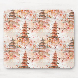 Watercolor Chinese Pagoda with Cherry Blossoms Mouse Mat