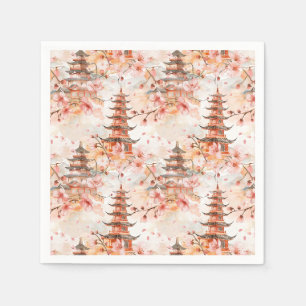 Watercolor Chinese Pagoda with Cherry Blossoms Napkin