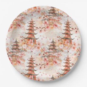 Watercolor Chinese Pagoda with Cherry Blossoms Paper Plate