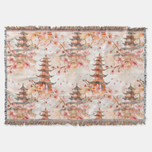 Watercolor Chinese Pagoda with Cherry Blossoms Throw Blanket