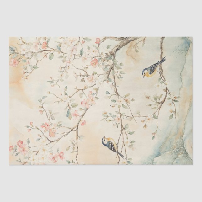 Watercolor Chinoiserie Birds and Blossoms Tissue Paper (Front)
