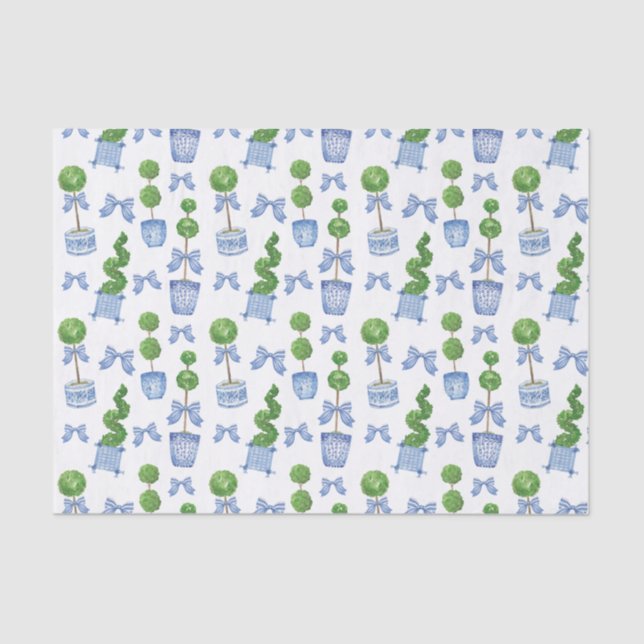 Watercolor Chinoiserie Blue Bow Topiary Tissue Paper (Front)