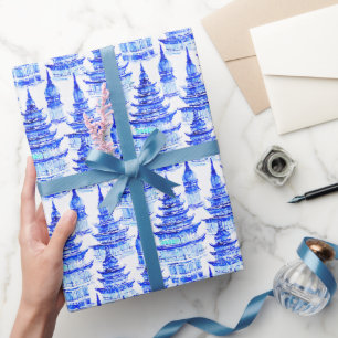 Watercolor Chinoiserie Blue Pagodas Wrapping Paper