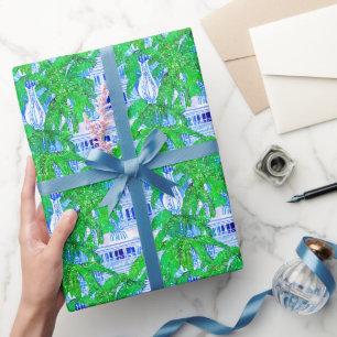 Watercolor Chinoiserie Blue Pagodas Wrapping Paper