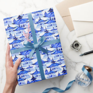 Watercolor Chinoiserie Blue Pagodas Wrapping Paper