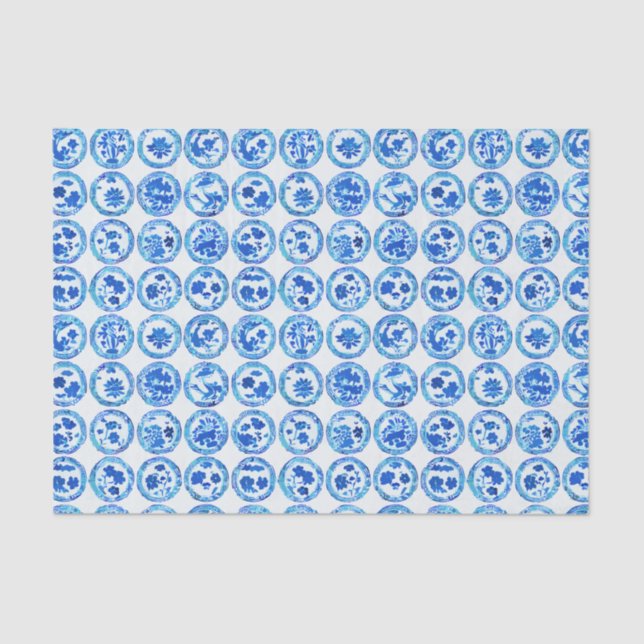 Watercolor Chinoiserie Blue Plates Pattern Tissue Paper (Front)